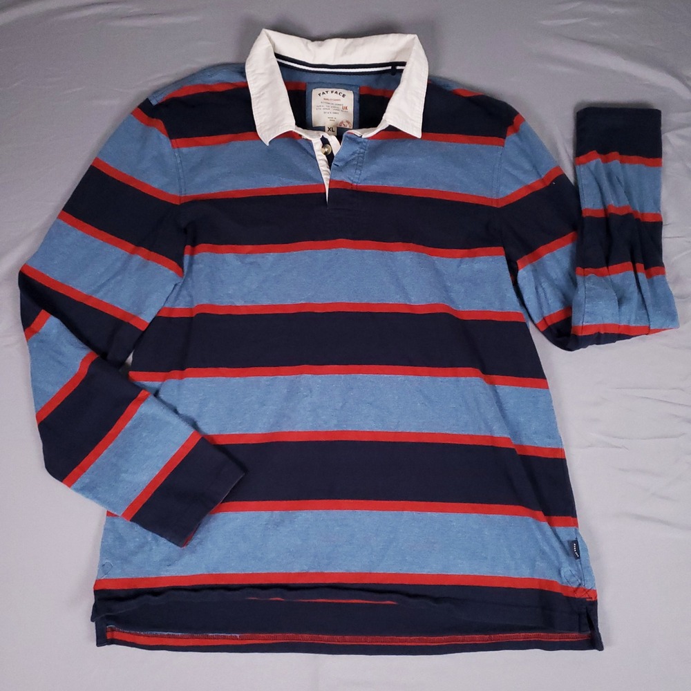 Fat Face Mens XL Polo Long Sleeve Blue Red Striped Cotton Hidden Button Pullover